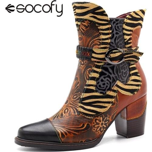 Socofy Retro Printed Cowgirl Ankle Boots Women Spring Patchwork Horsehair Genuine Leather Women Boots Shoes Woman Zipper Booties