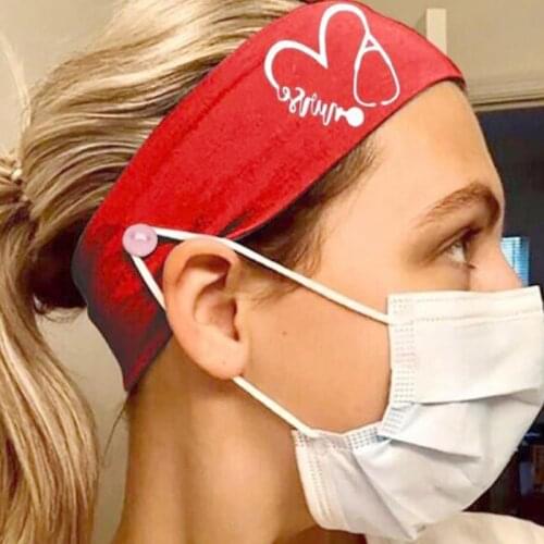 Unisex Doctor Nurse Button Headband Cute Stethoscope Heart Printed Headwrap Protect Ears Face Mask Holder Elastic Turban