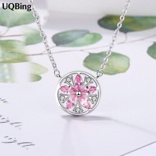 UQBing 925 Sterling Silver Pink Zircon Cherry Blossom Flower Pendant Necklaces Jewelry Collar Colar de Plata