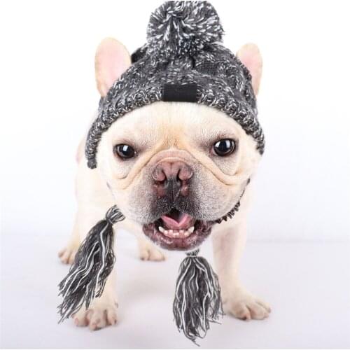 Knitted Hat for Dogs Winter Warm Windproof Dog Hat with Ear Holes Grey Braided Adjustable Pet Hat Cute Dress Up Dog Accessories