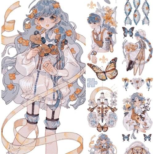 Washi Tape Characters Lovely Girl Pet Stickers Perch Among Butterflies