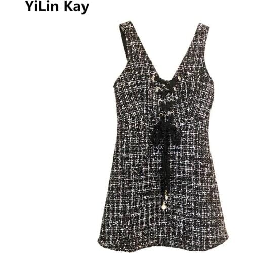 YiLin Kay High Quality New Fashion Runway 2019 Designer V-necked Sleeveless lacy lace Small Fragrant Wind Tweed Dress