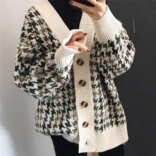 ZAWFL Autumn Winter Lattice Knitted Long Cardigans Loose Casual Preppy Style Thick Sweaters Jumpers Women Knitting Jackets