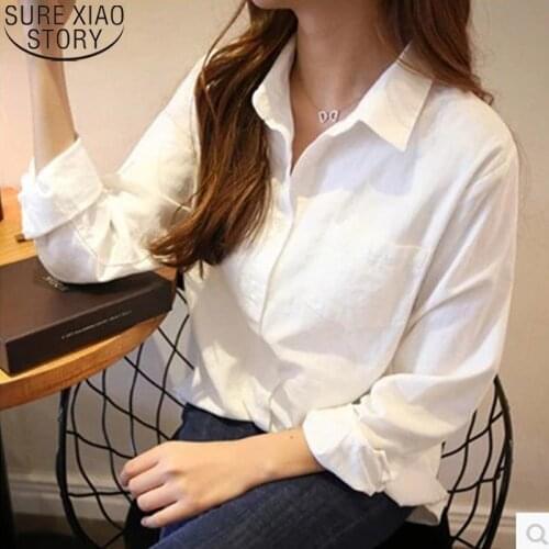 Cotton Women shirts Spring New Vintage White Shirt Tops Turn-down Collar Loose Plus Size Office Solid Long Sleeve Tops 12654