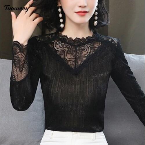 Women turtleneck sexy slim Lace Hollow Out Blouse floral Long Sleeve black Ladies Blouses 2020 autumn Casual Female Tops