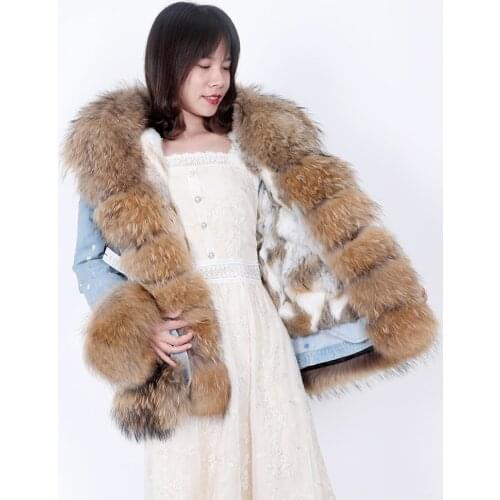 Women winter rabbit fur lining thick liner jacket raccoon fur collar cotton-padded jacket 2020 short denim fur jacket female
