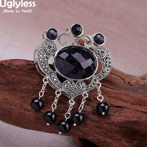 Uglyless Super Retro Abstract Heart Pendants for Women Marcasite Vintage Necklace NO Chain Chalcedony Tassels 925 Silver Jewelry