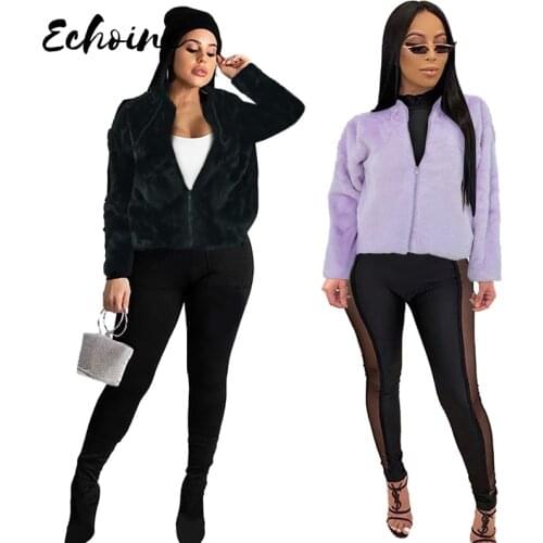 Women Woolen Winter Print Jackets Female 2020 Fashion Hooded Zipper Plush Jackets Thick Warm Short Coat Black/Purple Coats Tops