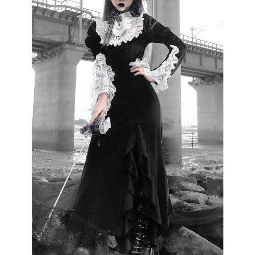 New Original Design Japanese Vintage Black Dress Lace Patch Turtleneck Trumpet Long Flare Sleeve Gothic Long Dress For Women