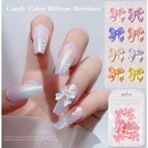 10Pcs/Set Aurora Effect Nail Bowknot Ornament Ice Penetration Ribbon 3D Bowknot Manicure Glitter Decoration for Female