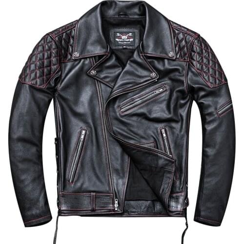 2020 Black Men Diagonal Zipper Slim Fit Motorcycle Jacket Plus Size XXXXL Genuine Cowhide Spring Bikers Leather Coat