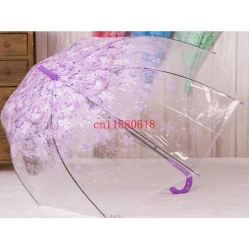 60pcs/lot Free Shipping Fashion Sakura Environmental PVC Transparent Clear Long Handle Women Rain Umbrella 4 Colors