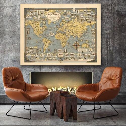 Abstract Vintage Ancient architecture Globe World Map Paintings HD Print Canvas Wall Art Picture library Office Room Home Decor