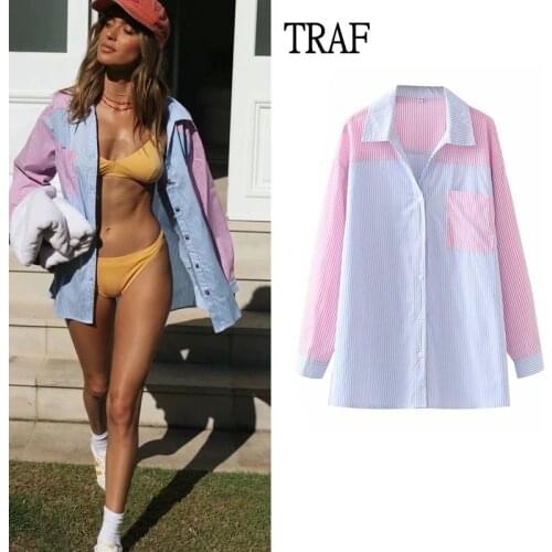 TRAF Za 2021 Blouse Top Women Autumn Stitching Stripes Long Sleeve Shirt Button Loose Women Clothing Vintage Top Female Shirts
