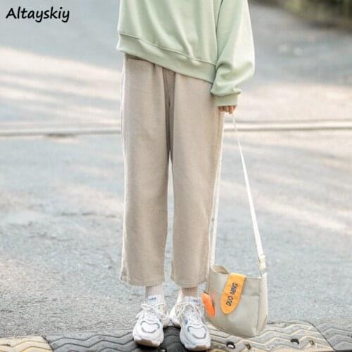 Pants Women Corduroy Casual Plus Velvet Ankle Length Sweet Autumn Loose Elastic Waist Solid All-match Korean Style Chic Trendy