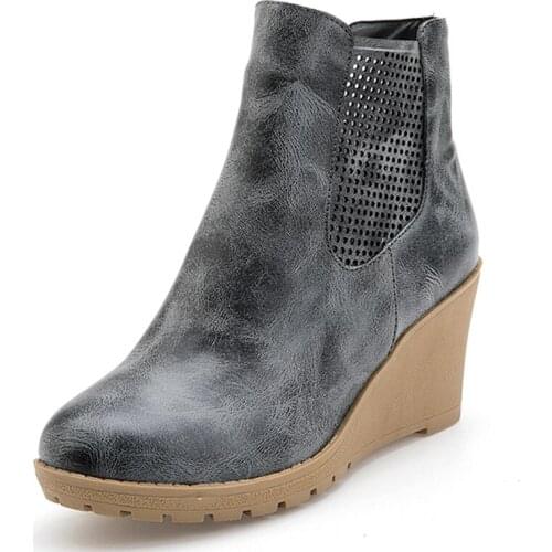 Breathable Microfiber Wedge Heel Ankle Boots PU Inner Heightening Thick Bottom Net Yarn Printing High Heels Cheap Womens Boots