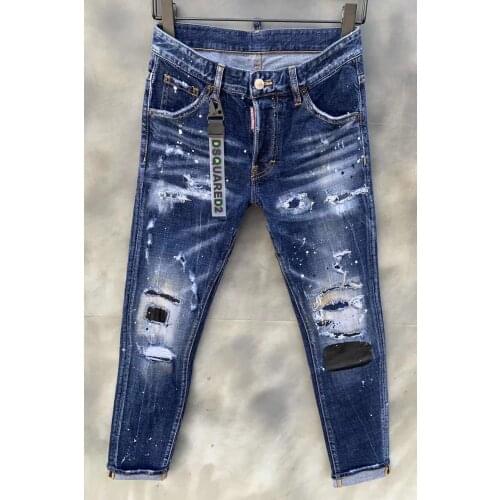 Spring/Summer New Fashion Hole DSQUARED2 Jeans Men/Women Car Skin Patch Paint Micro-Elastic Blue Pants