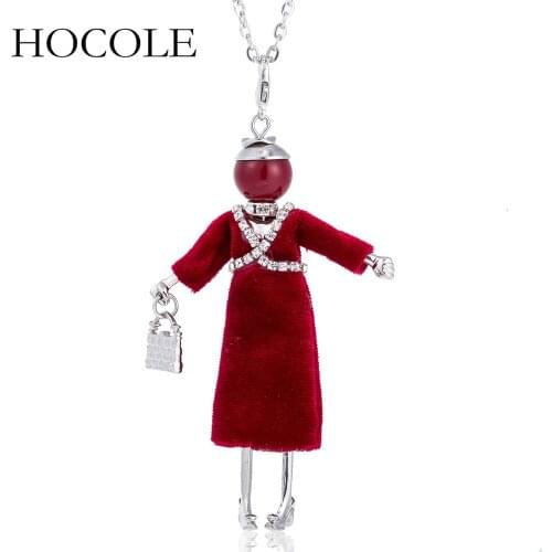 HOCOLE Elegant Dress Doll Pendant Necklace Women Girl Rhinestone Long Sweater Chain Statement Charm Fashion Jewelry Accessories