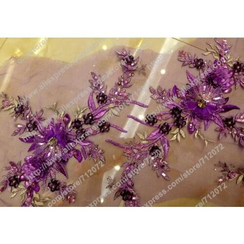 Purple 3D flowers handmade dress fabric beaded sequins 3D evening wedding dress fabrics fashion high qualyty fabric 1 yard