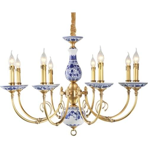 Royal Blue & White Porcelain ceramics Chandelier suspension lighting Luminaire for penthouse Living Room Collectibles Lampadario