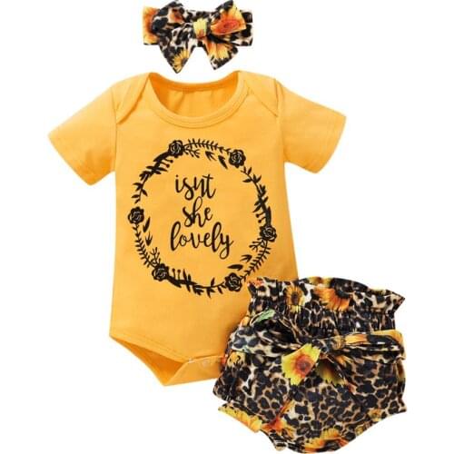 3PCS Baby Girl Clothes Set Letter Print Short Sleeve Bodysuits Tops Bodysuits Leopard Shorts Headband Set Babys Sets