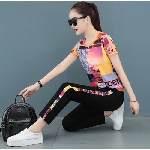 Sports Pant Suits Breathable Casual Two Piece Set Women Clothes Summer New Loose Round Neck Short Sleeve Blue Purple Orange Age