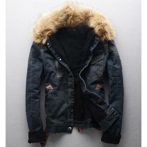 2021 Hot Mens Winter Fur Collar Fleece Lined Denim Jeans Jacket Thick Coat Parka Outwear