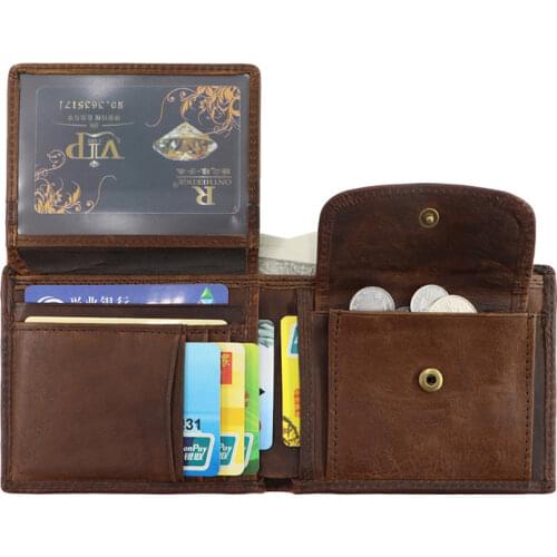 Retro Crazy Horse Genuine Leather Mens Wallet RFID Blocking Tri-fold Business Card Holder Coin Purse Bag Wallet Men