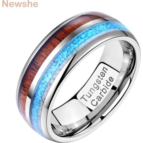 Newshe Unique Tungsten Rings For Men Wood Blue Silver Color Charm Bands For Him 8mm Carbide Size 8-13 Fashion Jewelry TRX083