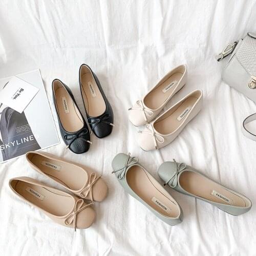 2021 Spring and Autumn New Korean Style Bow Single Shoes Womens Shallow Mouth Square Toe Flat Comfortable Peas Shoes