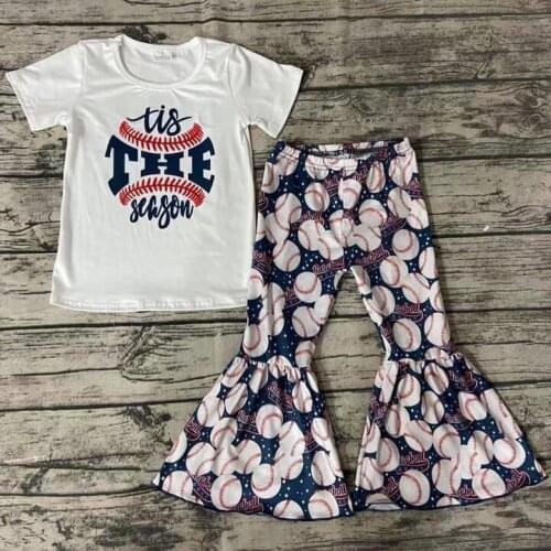 Spring/Fall Baby Girls Short Sleeve Clothes Boutique Kids Clothing Baseball White Top Pants Set Outfit