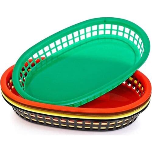 12pcs Large Red Plastic Dinner Plates Serving Platter Plastic Food Tray Black Dozen Restaurant Fast Food Platter Basket 10.5