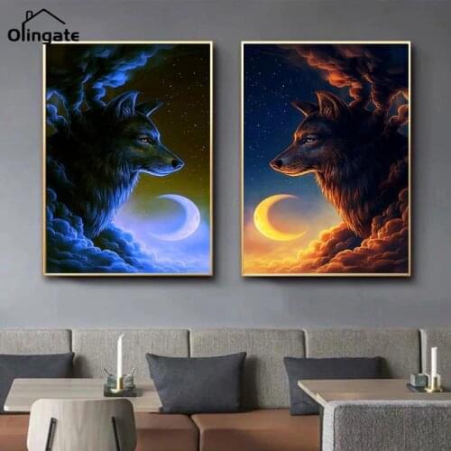 Moon Wolf Animal Hd Printed Canvas Painting Posters and Modern Wall Art Pictures Print Clouds and Stars Unique Gift Home Decor