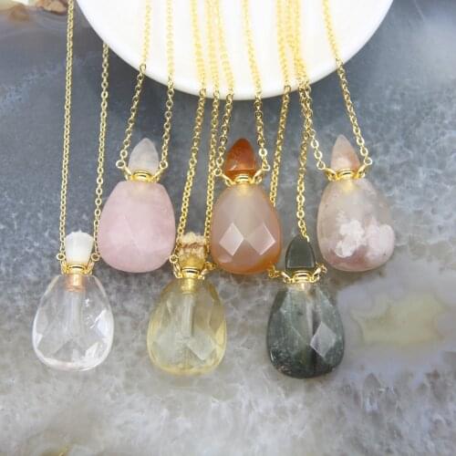 Natural Citrines/Agate/Garden Crystal Perfume Bottle Pendants,Rose/White Quartz Essential Oil Diffuser Vial Necklace Jewelry