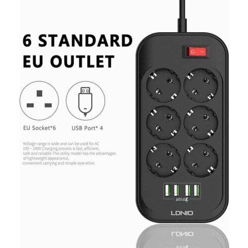 LDNIO Electrical Sockets Home Outlet 6 EU Plug Power Strip Surge Protector Multiple Extension Power Socket With 4 USB Port New