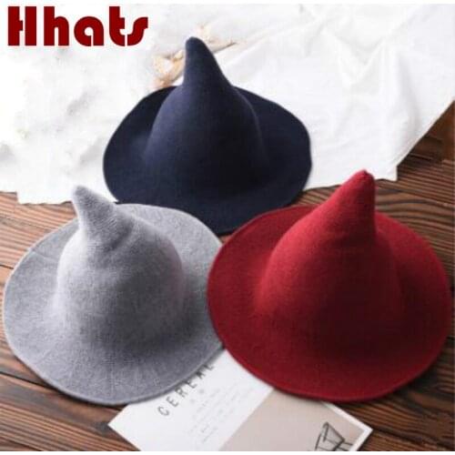 Witch Hat For Women Girl Solid Fashion Wool Knitted Bucket Hat Female Spring Autumn Tall Sun Hat Outdoor Wide Brim Fishing Caps