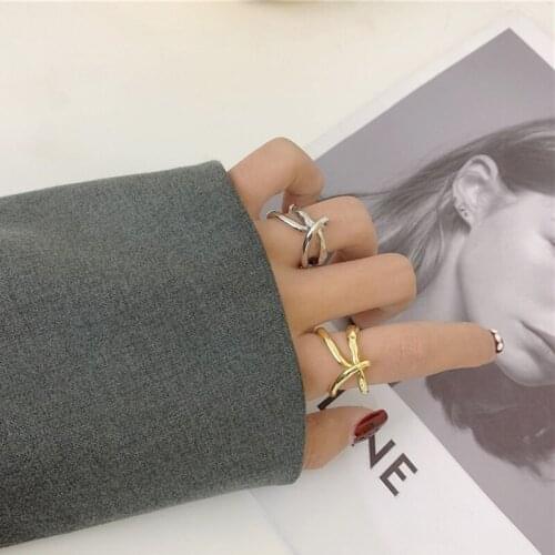 SRCOI Geometric Double Line Cross Winding Rings Irregular Metal Texture Simple Knotted Ring Women Fashion Party Jewelry 2021