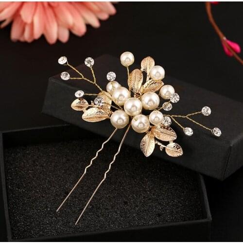 Gold Color Leaf Type Hairpins Rhinetone Hair Jewelry Accessories Handmade Bridal Women Pearl Hair Ornament Headwear