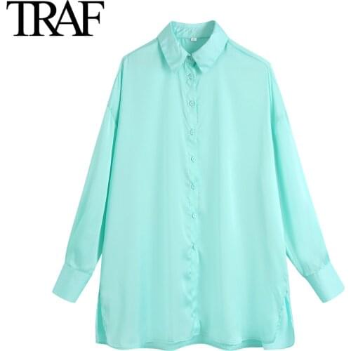 Traf Za Women Clothing 2021 Spring Autumn Long Sleeve Blouses Chic Oversize Loose Satin Shirts Buttoned Tops Femme