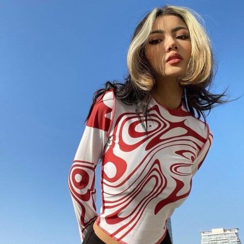 Casual Women 2021 Autumn Tie Dye Printed T-shirts Long Sleeve Winter Crop Tops O-neck Sexy Streerwear Bodycon Tees Female