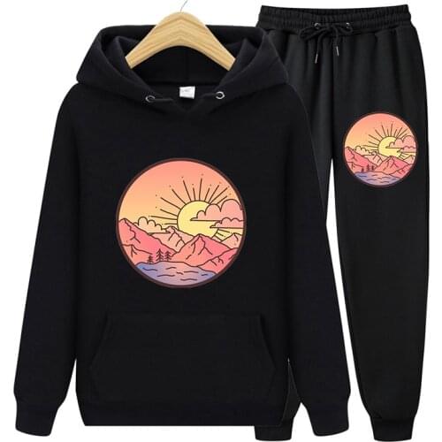 Two Piece Set Print Casual Fleece Tracksuit Women Autumn Winter 2021 Oversized Hooded Long Sleeve Hoodie Sport Pants Lady Suit