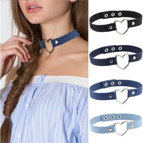 Egirl Denim Choker Heartshape Necklace Multi Colors Harajuku Style Simple Wild Sexy Collar Choker for Women Girl Punk Jewelry