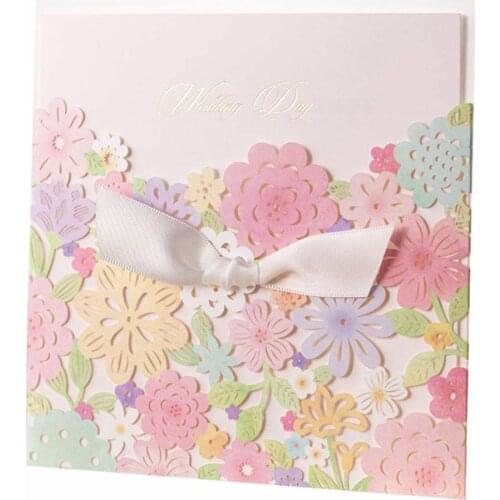 100P Colorful & Red Floral Laser Cut Wedding Invitation With envelope, Blank Invitation Card with Elegant Handmade Lace Bowknot