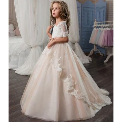 2018 Royal Flower Girl Dress for Weddings Trailing Lace Beaded Belt Ball Gown Girl Party First Communion Dresses Pageant Gown