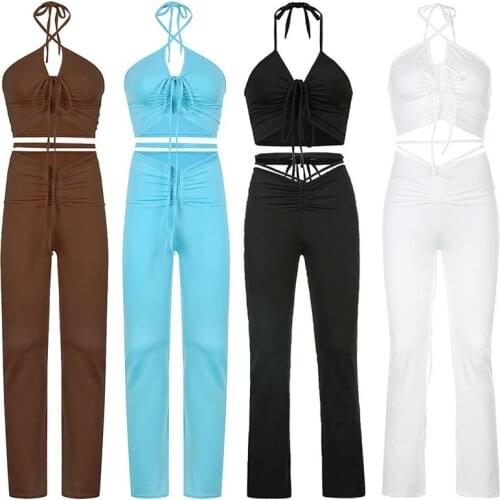 2021 Y2K Streetwear Sexy Bandage Blue Co-ord Suits 2000s Fashion Drawstring Halter Top and High Waist Flare Pants 2 Piece Set