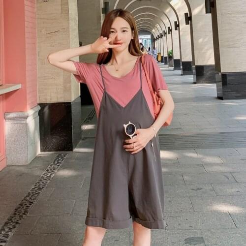 7020# Summer Casual Cotton Maternity Clothing Sets Loose Tees + Wide Leg Bib Short Pants Suits for Pregnant Women Pregnancy