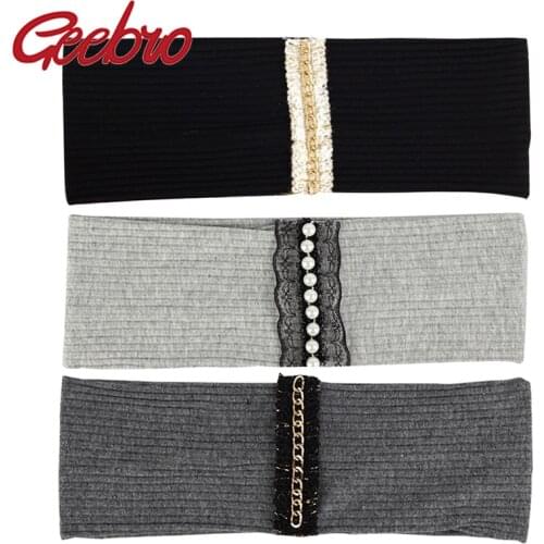 Geebro Woman Lace Pearls Chain Headband Headwear Vintage Cotton Ribbed Hairband Hair AccessoriesTurban Hair Bands for Girls