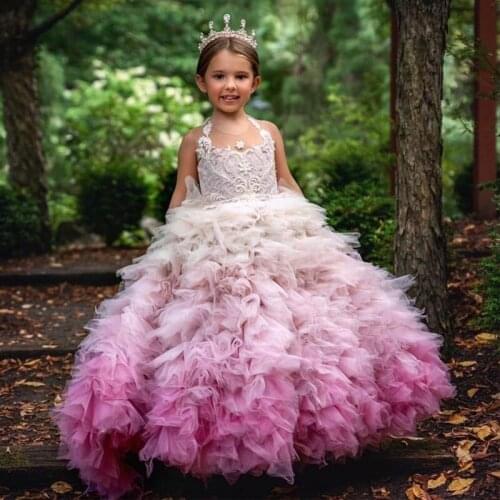 Beautiful Colorful Ruffles Flower Girls Dresses Crew Neck Appliques Bead Tier Tulle Skirt Child Pageant Dress