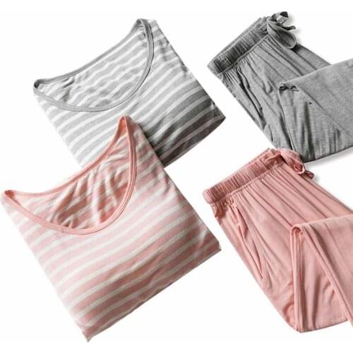 Modal Summer Thin Women Pyjamas Stripe Short Sleeve Long Pants Pajamas Top Colorful Round Neck Sweet Casual Sleepwear Large Size
