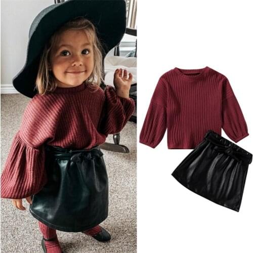Fashion Baby Girl Autumn Clothing Sets Children Kids Clothes Lantern sleeve Top+leather Skirts 2pcs Outfits Sets 1-5T